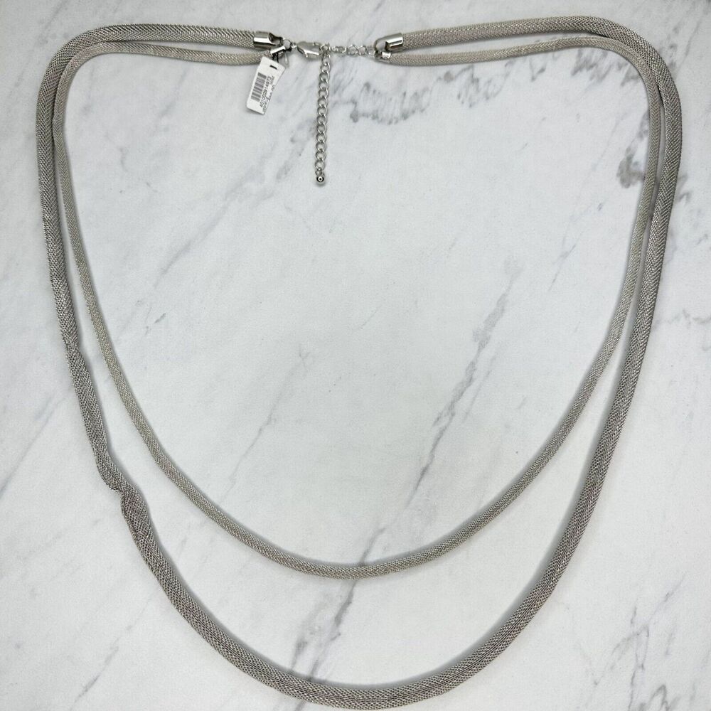Chico's Meshelle Double Strand Metal Mesh Long Silver Tone Necklace